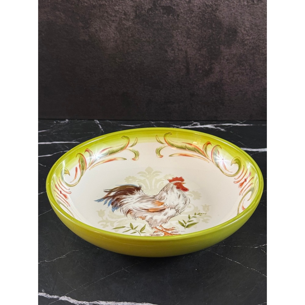 Vintage Pier 1 Imports Hand Painted Ironstone Green Rooster 9in Bowl